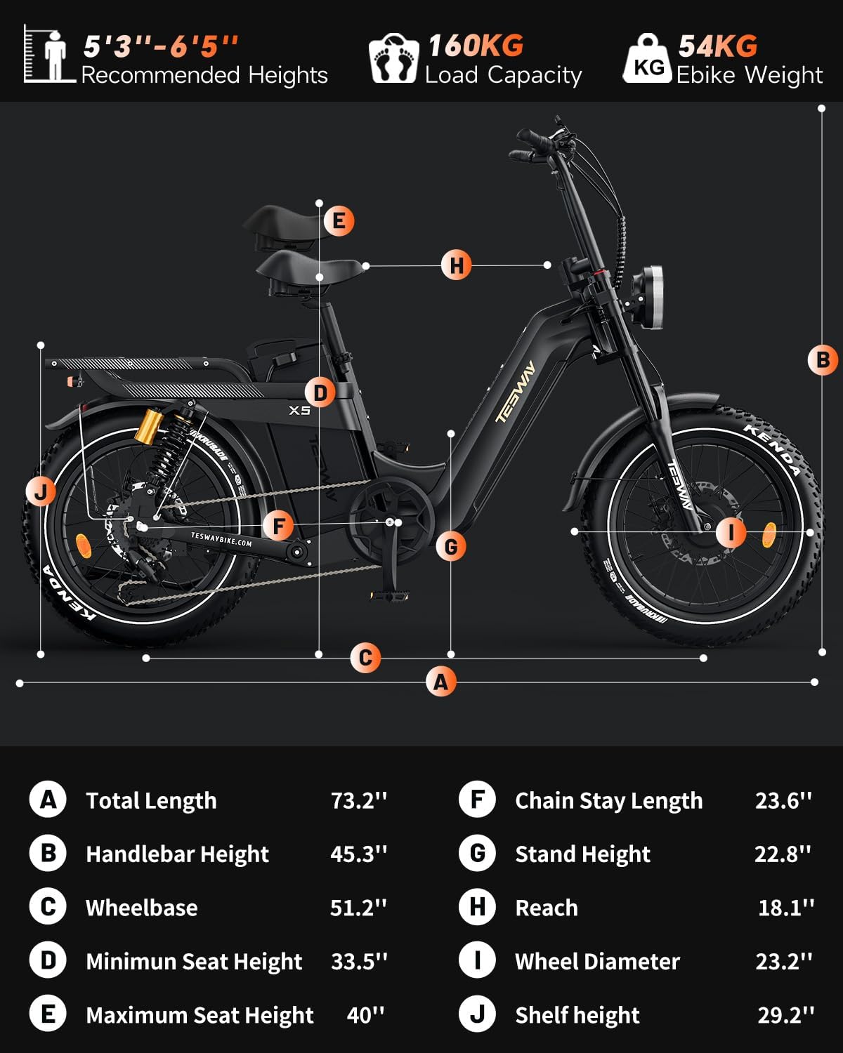 Vélo électrique TESWAY pour adultes – Double moteur 3600 W, batterie 52 V 60 Ah (autonomie jusqu’à 320 km), pneus « Fat » 20 pouces tout-terrain, suspension intégrale, freins hydrauliques. – Image 9