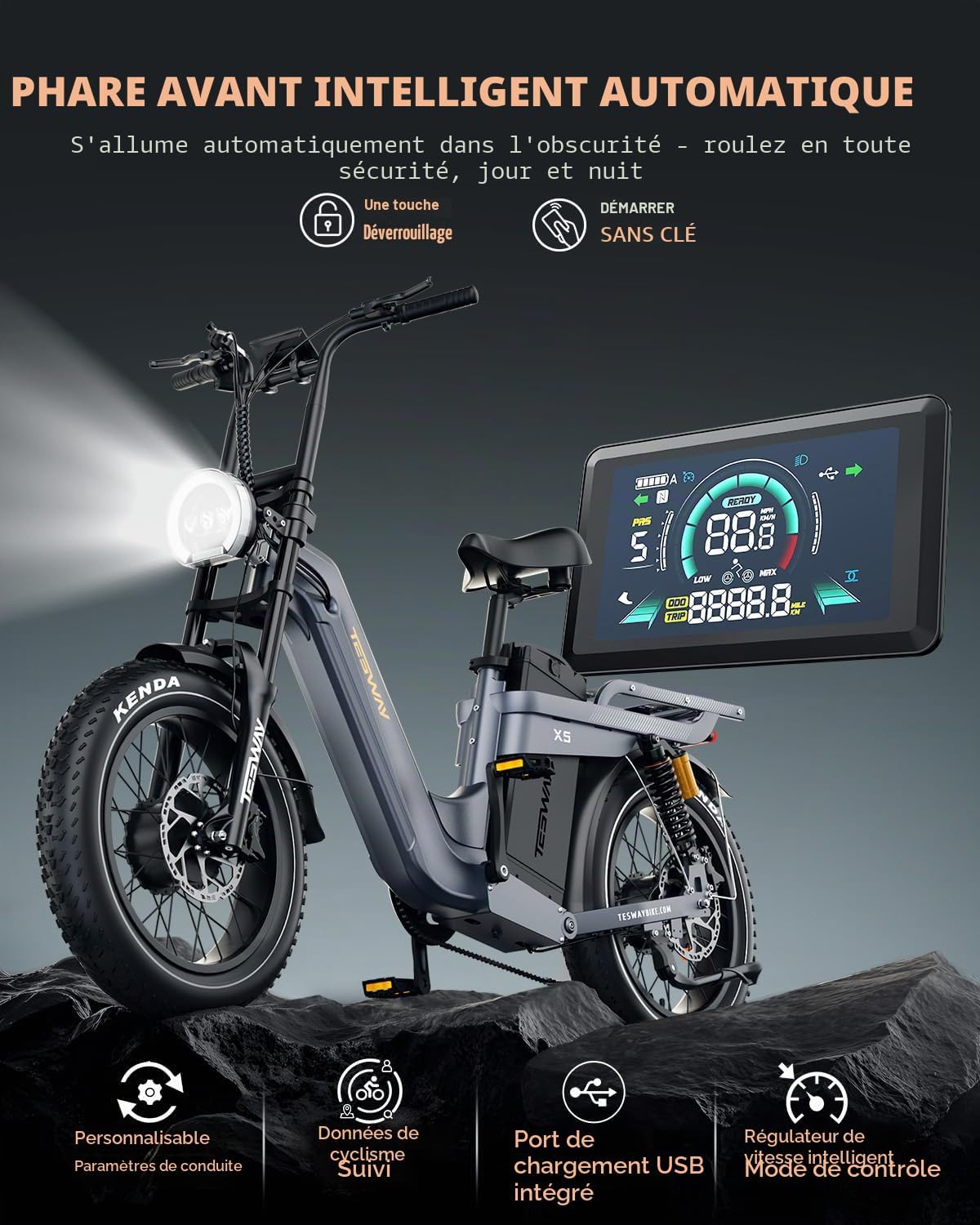 Vélo électrique TESWAY pour adultes – Double moteur 3600 W, batterie 52 V 60 Ah (autonomie jusqu’à 320 km), pneus « Fat » 20 pouces tout-terrain, suspension intégrale, freins hydrauliques. – Image 2
