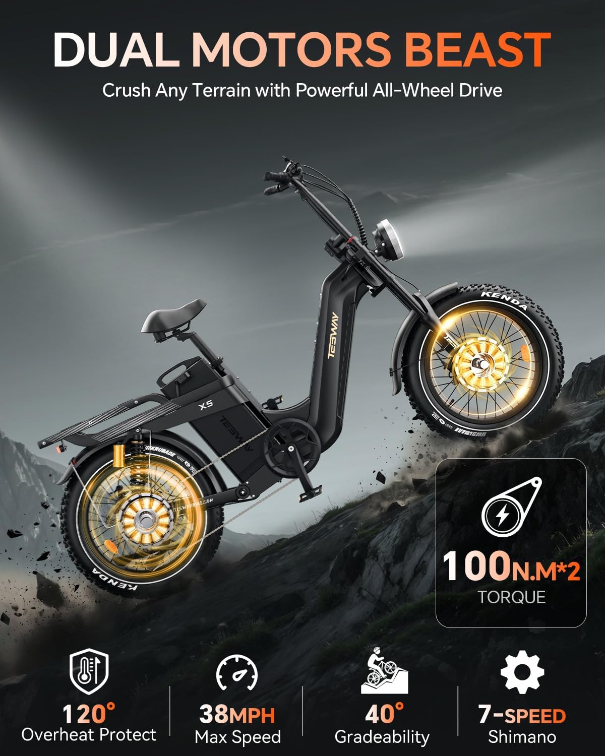 Vélo électrique TESWAY pour adultes – Double moteur 3600 W, batterie 52 V 60 Ah (autonomie jusqu’à 320 km), pneus « Fat » 20 pouces tout-terrain, suspension intégrale, freins hydrauliques. – Image 3