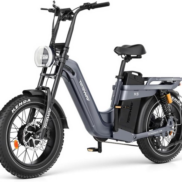 Vélo électrique TESWAY pour adultes – Double moteur 3600 W, batterie 52 V 60 Ah (autonomie jusqu’à 320 km), pneus « Fat » 20 pouces tout-terrain, suspension intégrale, freins hydrauliques.