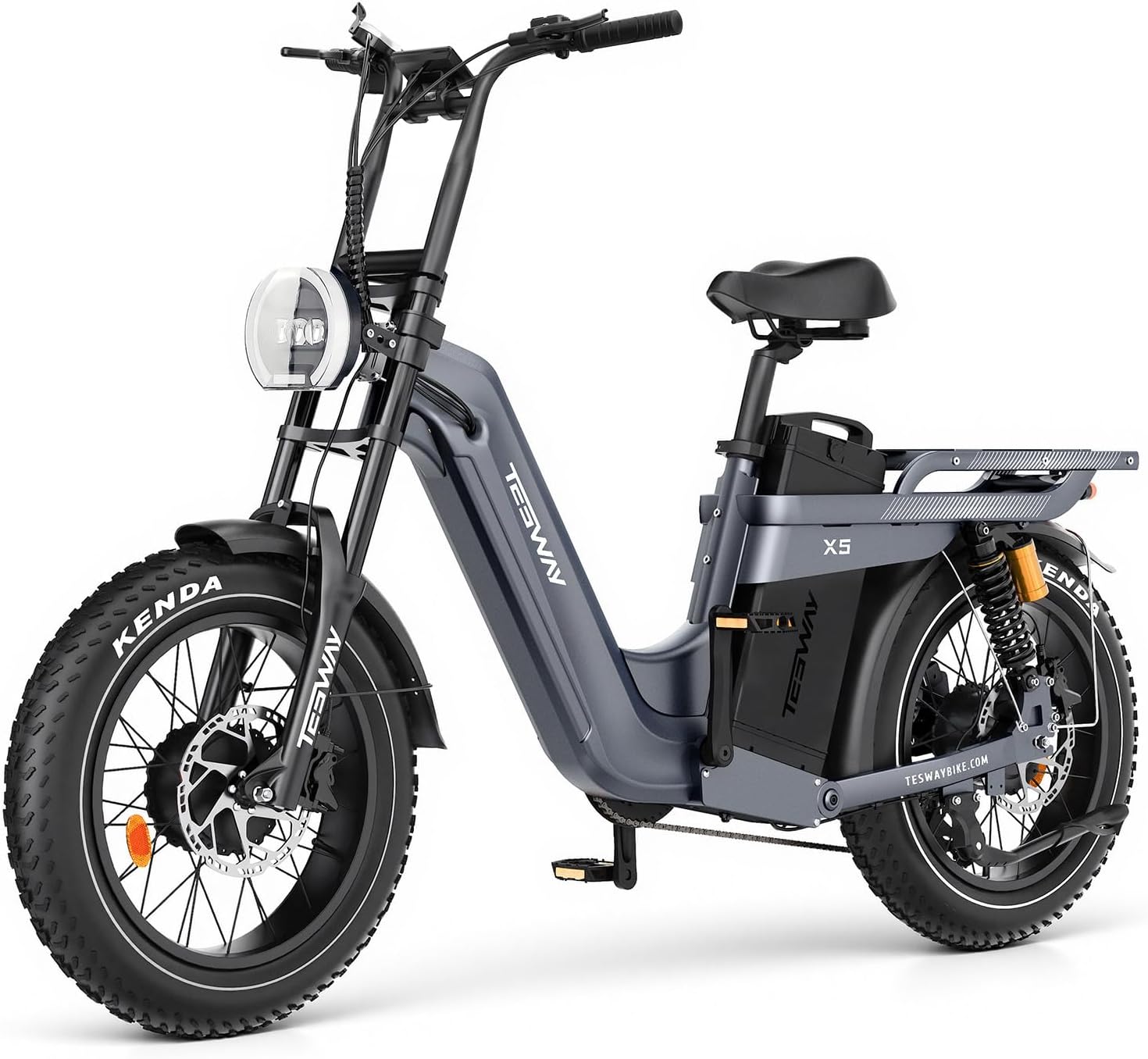 Vélo électrique TESWAY pour adultes – Double moteur 3600 W, batterie 52 V 60 Ah (autonomie jusqu’à 320 km), pneus « Fat » 20 pouces tout-terrain, suspension intégrale, freins hydrauliques.