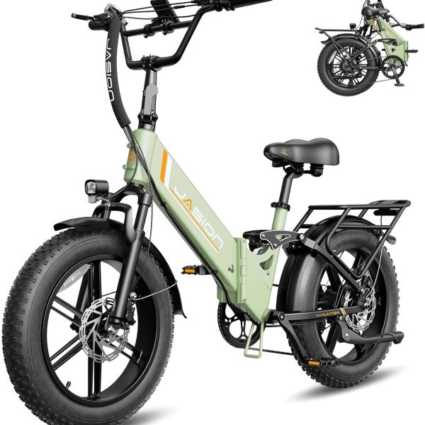 Vélo électrique pliable pour adultes Jasion X-Hunter ST : pneus « Fat » de 20 pouces, autonomie jusqu’à 114 km (71 miles), moteur de 1400 W en crête, vitesse supérieure à 48 km/h (30 mph), suspension intégrale et double frein à disque hydraulique.