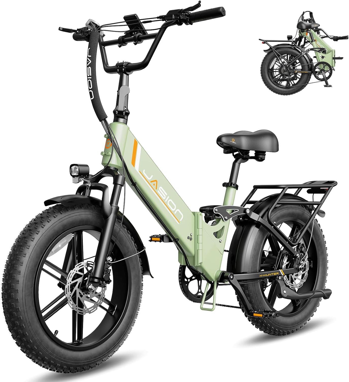 Vélo électrique pliable pour adultes Jasion X-Hunter ST : pneus « Fat » de 20 pouces, autonomie jusqu’à 114 km (71 miles), moteur de 1400 W en crête, vitesse supérieure à 48 km/h (30 mph), suspension intégrale et double frein à disque hydraulique.