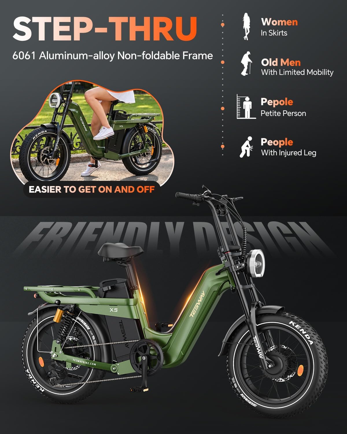Vélo électrique TESWAY pour adultes – Double moteur 3600 W, batterie 52 V 60 Ah (autonomie jusqu’à 320 km), pneus « Fat » 20 pouces tout-terrain, suspension intégrale, freins hydrauliques. – Image 4